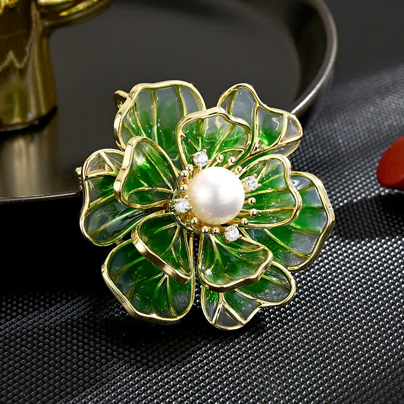 Spilla da donna in smalto placcato oro con peonia verde - Verde - image 0