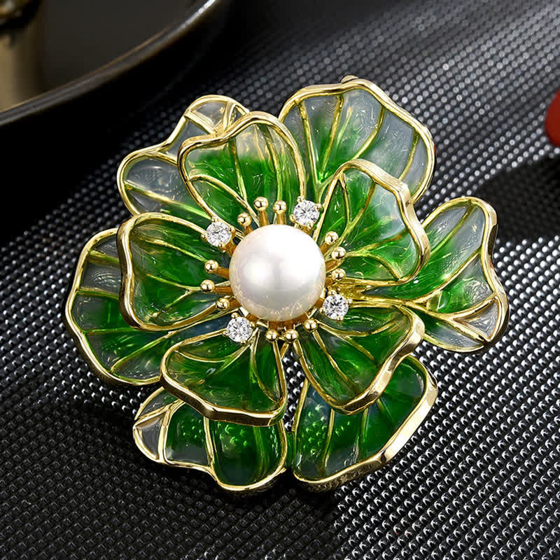 Spilla da donna in smalto placcato oro con peonia verde - image 2