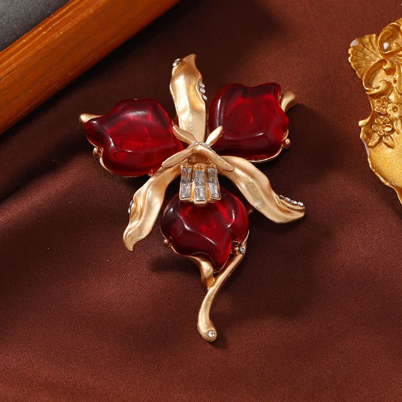 Spilla da donna in ottone metallizzato con fiore di orchidea in resina a forma di petalo - Rosso - image 3