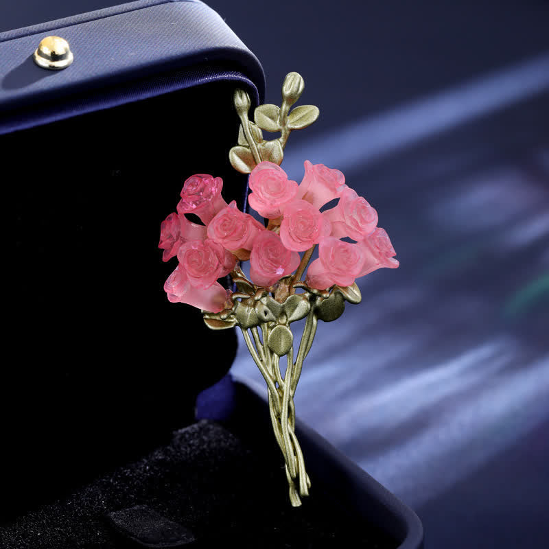 Spilla da donna con bouquet di rose rosa e verdi romantiche - image 1