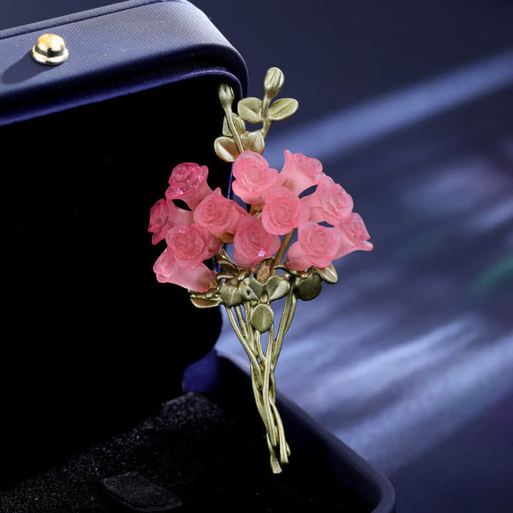 Spilla da donna con bouquet di rose rosa e verdi romantiche - image 1