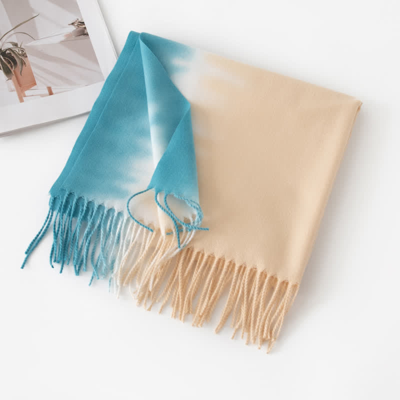 Sciarpa unisex in finto cashmere con frange colorate sfumate - Blu e beige - image 14
