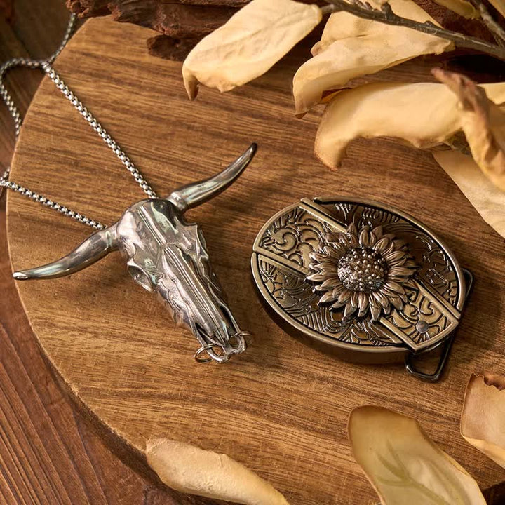 Gadget Western fai da te, fibbia per coltello nascosto, ciondolo a forma di toro Longhorn - Girasole - Senza cintura - Non incluso - image 1