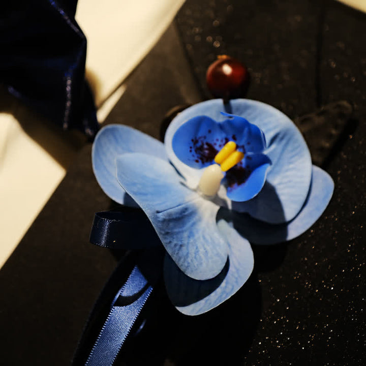 Set di 3 fazzoletti con spilla e papillon a coda di pesce con motivo Phalaenopsis blu da uomo - image 6