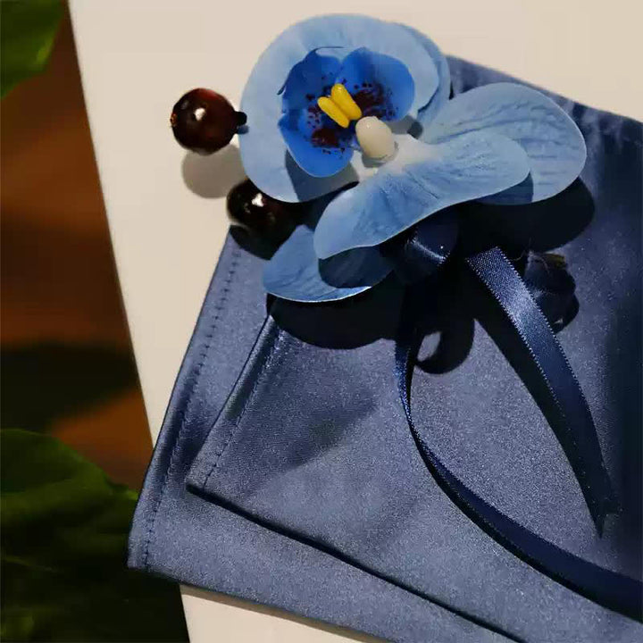 Set di 3 fazzoletti con spilla e papillon a coda di pesce con motivo Phalaenopsis blu da uomo - image 7