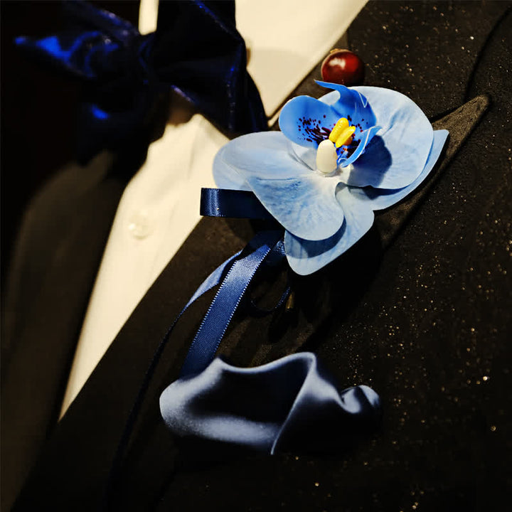 Set di 3 fazzoletti con spilla e papillon a coda di pesce con motivo Phalaenopsis blu da uomo - image 3