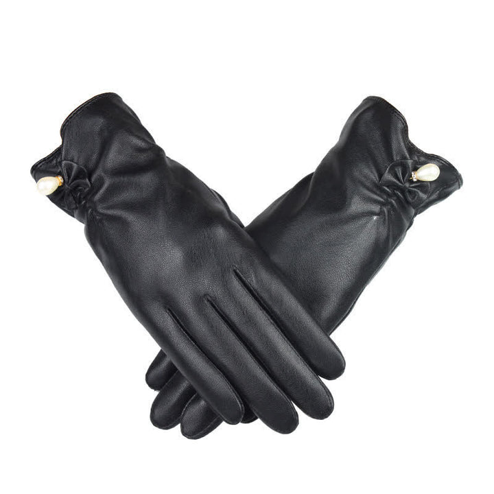 Guanti invernali in pelle di velluto perlato da donna - Nero - image 0