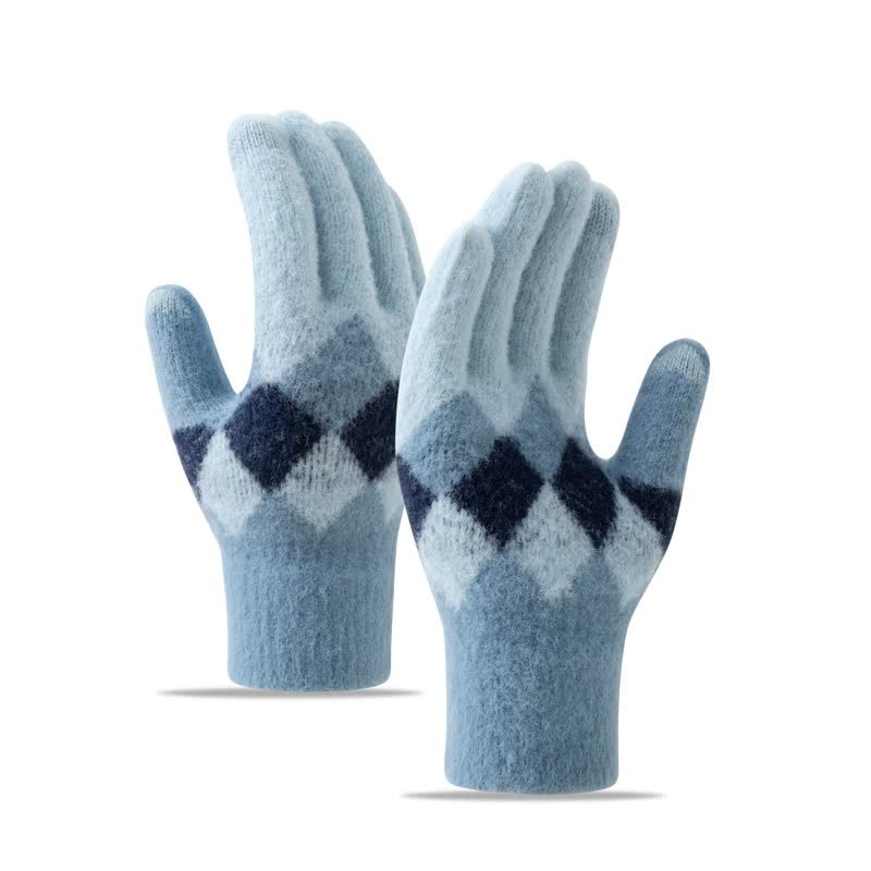 Guanti in maglia di peluche caldo con motivo a rombi colorati - Blu - image 11