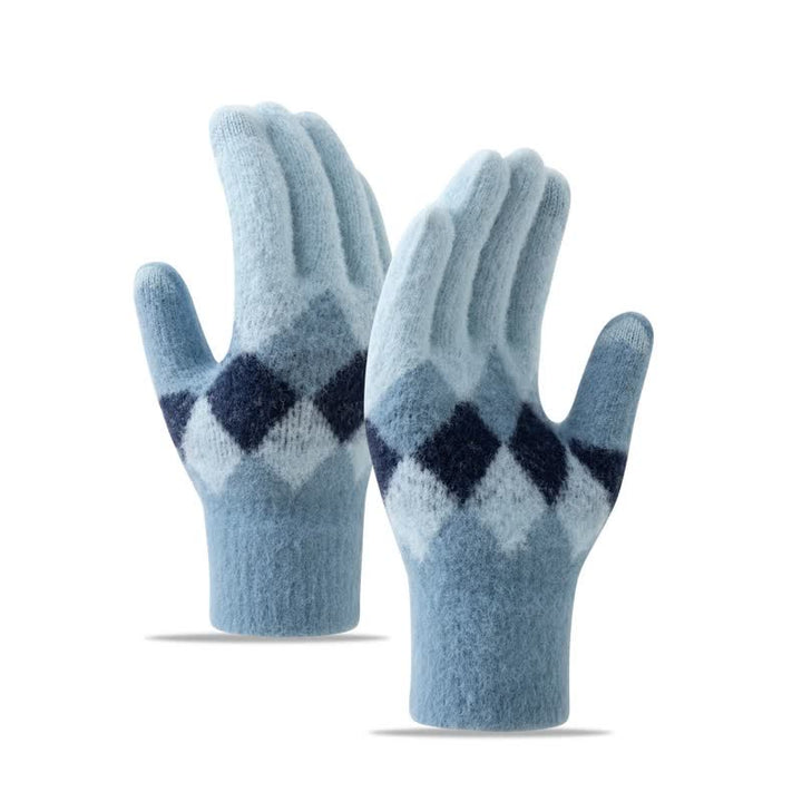 Guanti in maglia di peluche caldo con motivo a rombi colorati - Blu - image 11