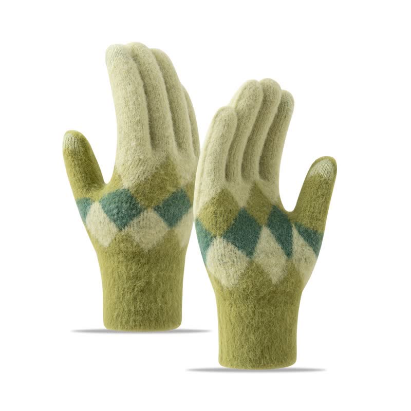 Guanti in maglia di peluche caldo con motivo a rombi colorati - Verde - image 0