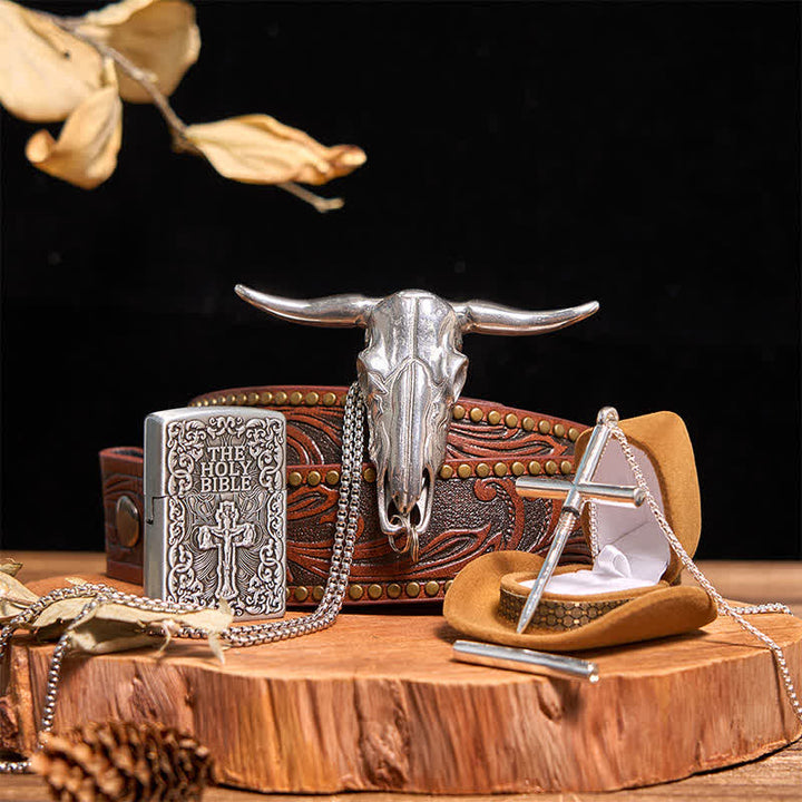 Set di collana con ciondolo a forma di croce e toro Longhorn, accendino della Sacra Bibbia - Set in bundle - image 0