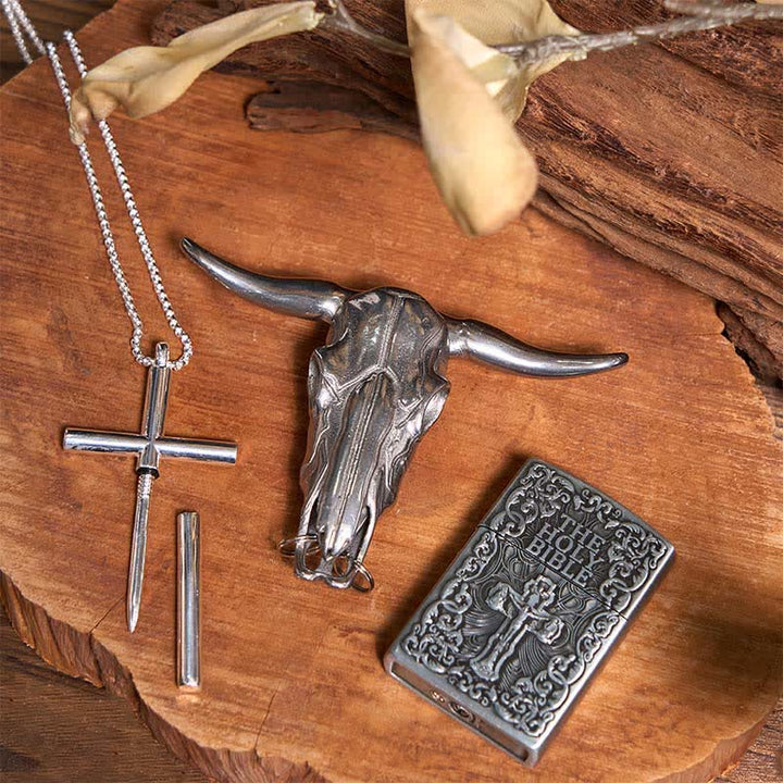 Set di collana con ciondolo a forma di croce e toro Longhorn, accendino della Sacra Bibbia - image 2