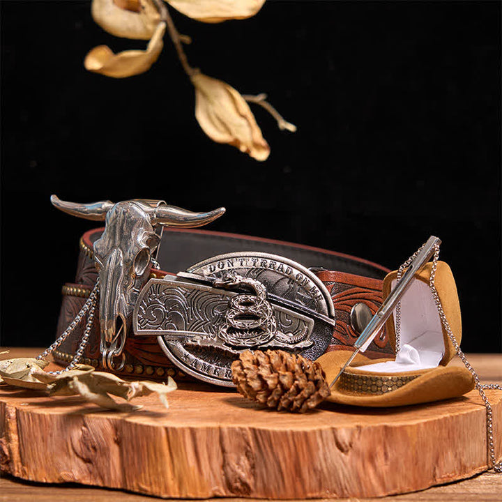 Set di collana con ciondolo a forma di toro con corna di cervo, fibbia a serpente e coltello nascosto fai da te - 3 pezzi - Senza cintura - Cintura non inclusa - image 0