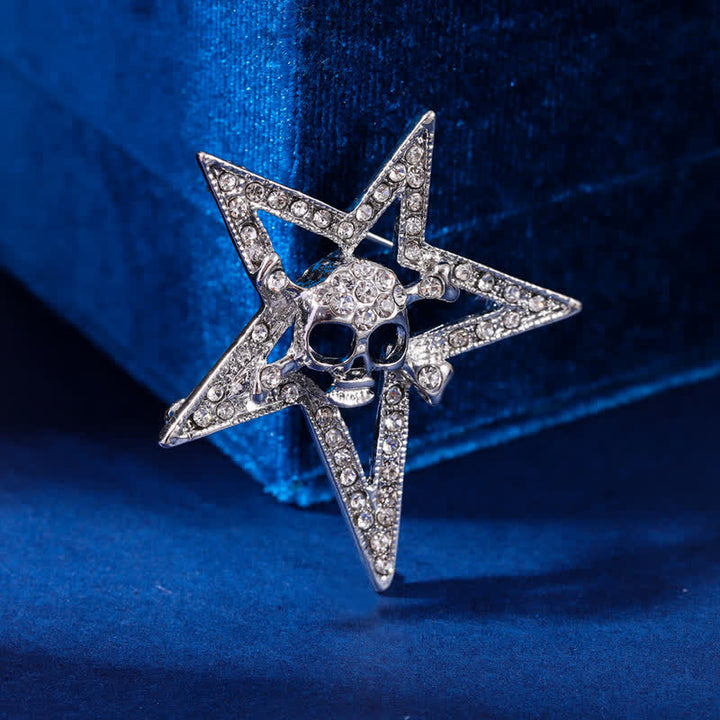 Spilla con teschio e osso a forma di pentagramma con strass - Bianco - image 3