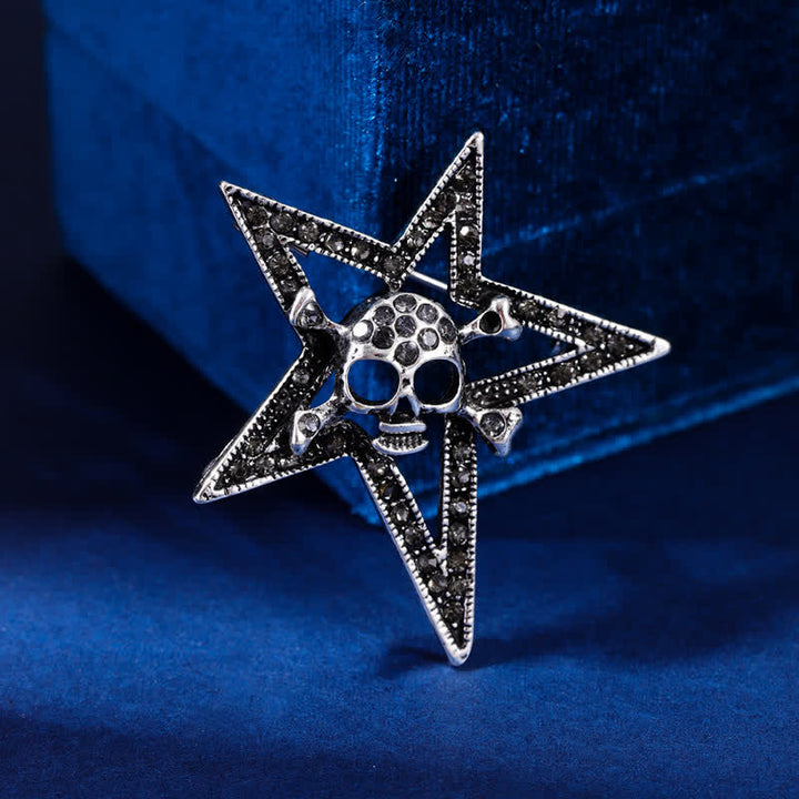 Spilla con teschio e osso a forma di pentagramma con strass - Nero - image 4