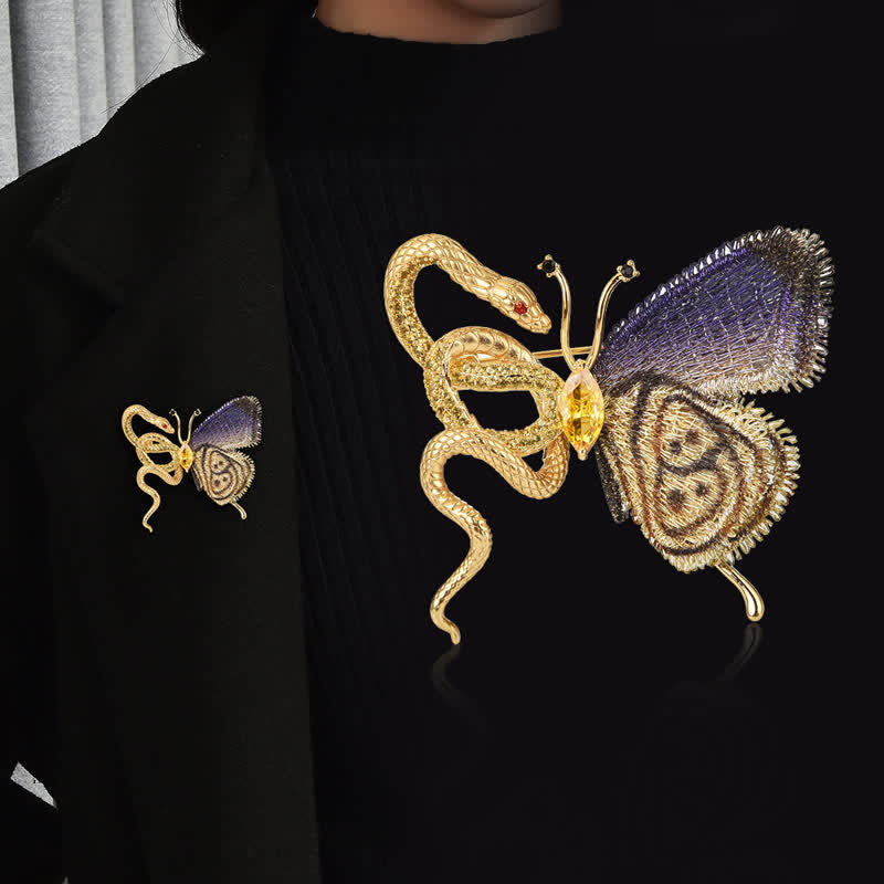 Spilla da donna con farfalla ricamata viola e serpente dorato - Oro - image 0