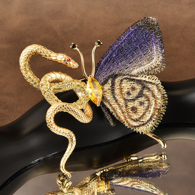 Spilla da donna con farfalla ricamata viola e serpente dorato - image 1