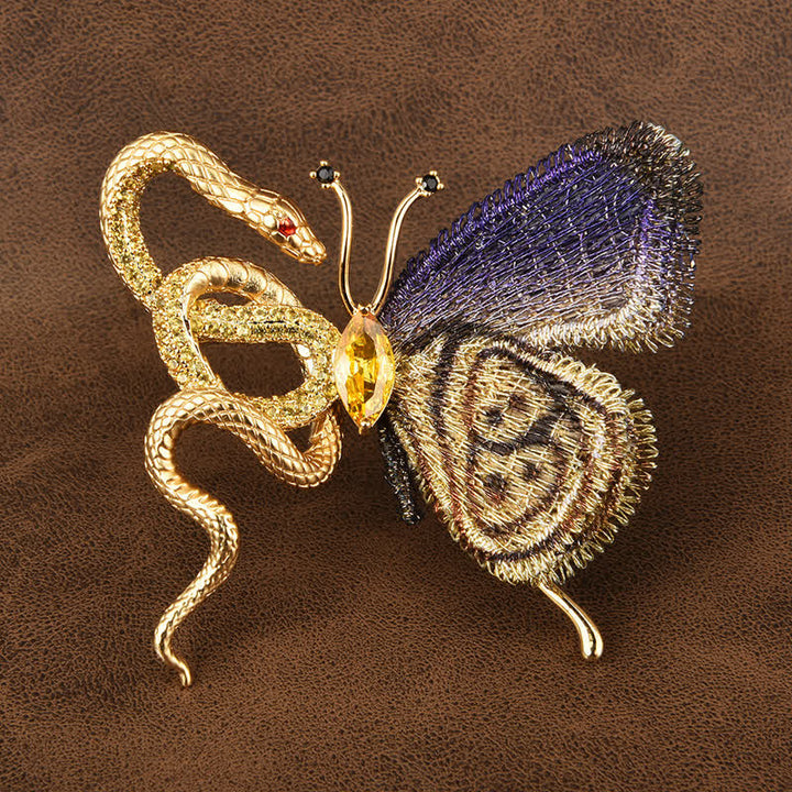Spilla da donna con farfalla ricamata viola e serpente dorato - image 3