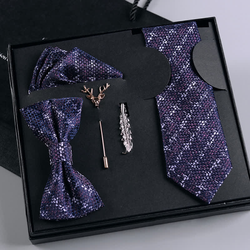 5 pezzi papillon a quadri micro viola/rossi da uomo in scatola regalo - Viola scuro - image 0