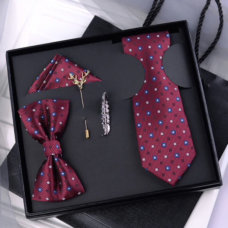5 pezzi papillon da uomo bordeaux con pois quadrati in scatola regalo - Borgogna - image 0