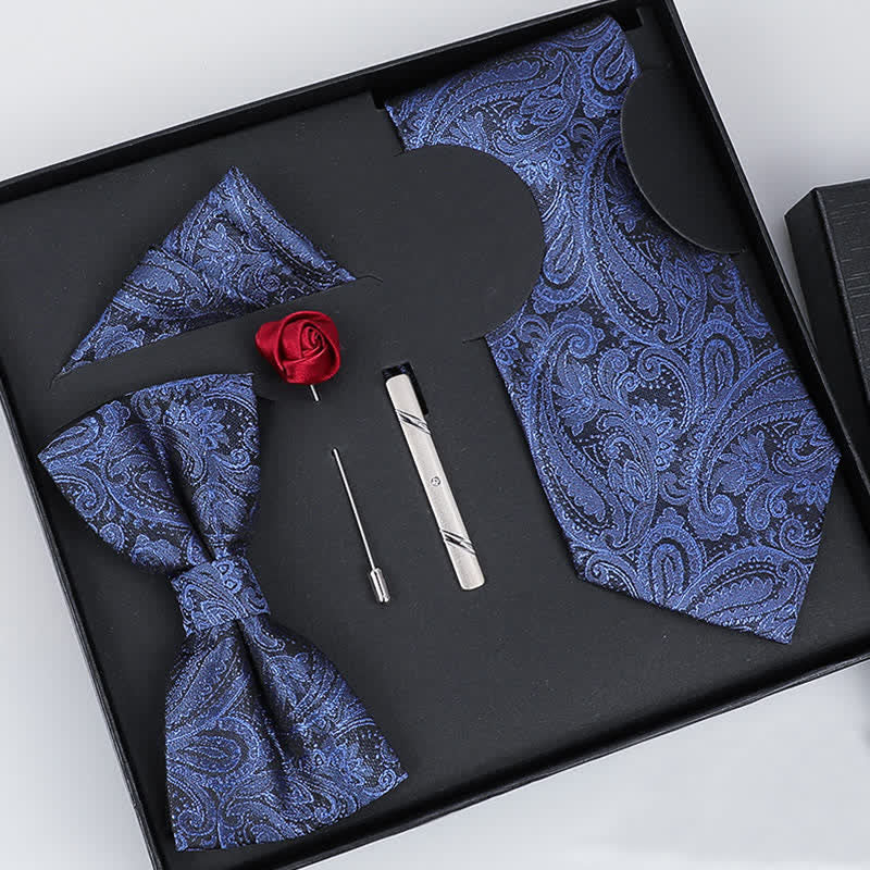 5 pezzi di papillon Paisley blu e nero da uomo di lusso, confezione regalo - Blu e nero - image 0