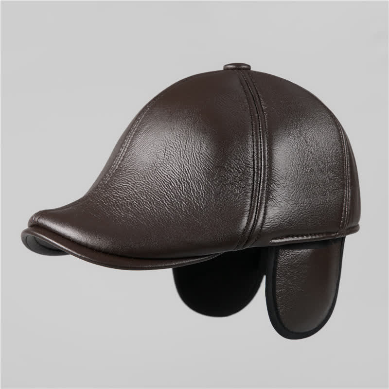 Cappello basco in pelle con paraorecchie caldi e berretto di edera nero - image 8