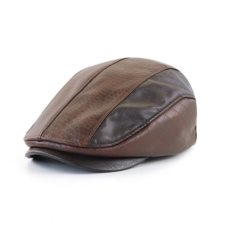 Cappello basco in pelle con cuciture vintage e stampa alligatore - Caffè scuro - Misura M (22"-22 7/8") - image 0