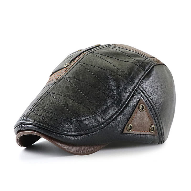 Cappello basco in pelle con cuciture alla moda e contrasto di colore - Nero - Regolabile (22"-23 5/8") - image 0