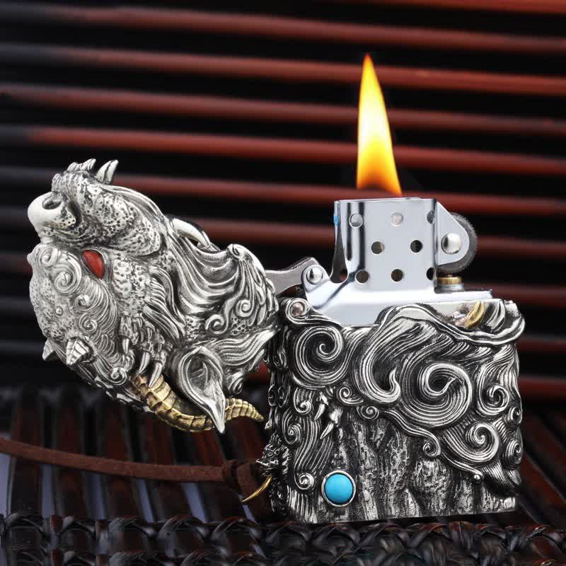 Accendino a cherosene ricaricabile con simbolo del drago mitico - Argento - image 0