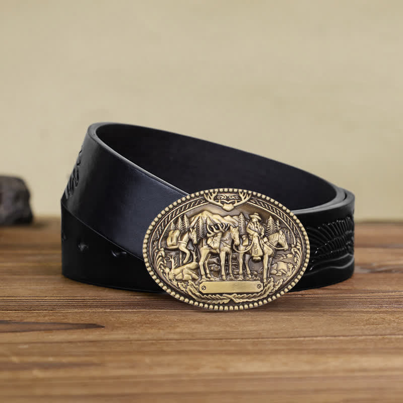 Cintura in pelle fai da te da uomo con fibbia a forma di cavallo con cavaliere in bronzo antico - Bronzo - Cintura aquila nera in rilievo - 42 - image 1
