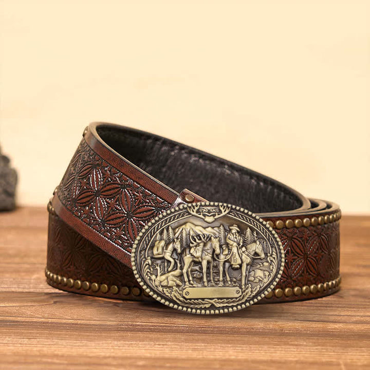 Cintura in pelle fai da te da uomo con fibbia a forma di cavallo con cavaliere in bronzo antico - Bronzo - Cintura con rivetti marroni - 42 - image 3