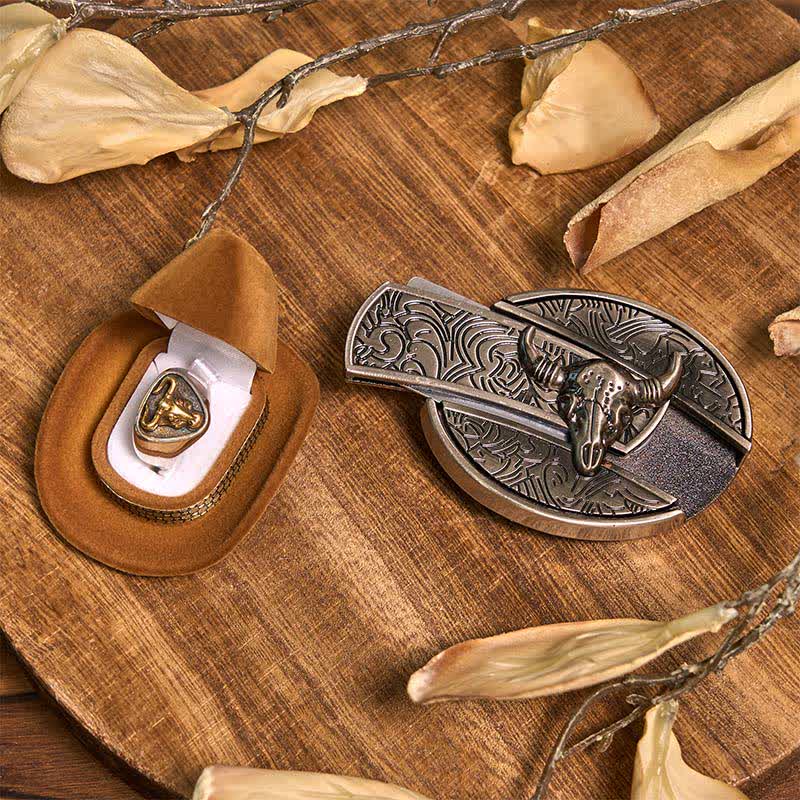 Set di anelli con ciondolo e fibbia per cintura con coltello nascosto fai da te Longhorn Bull - image 2