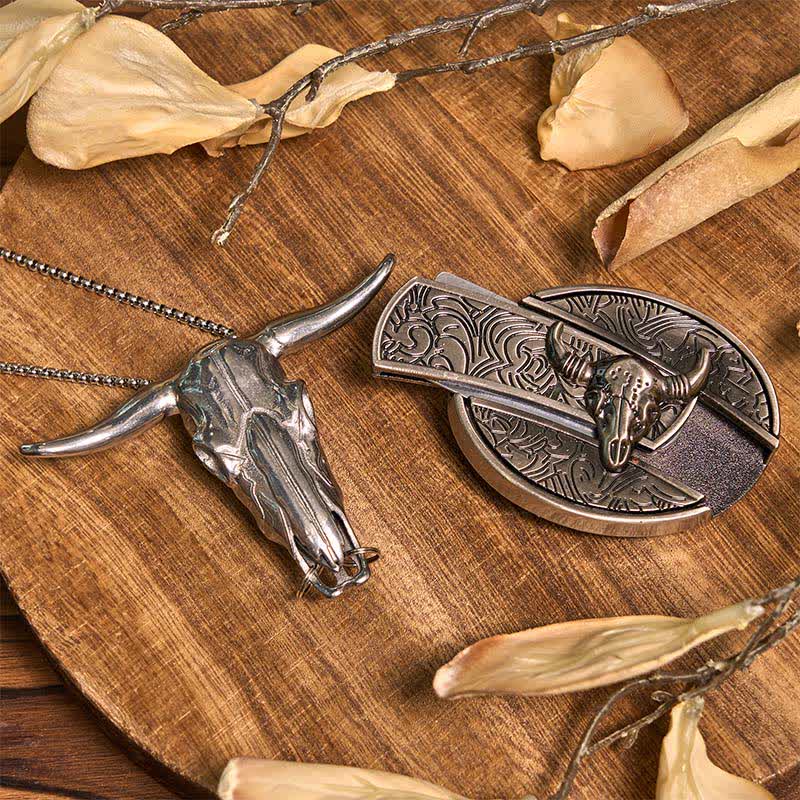 Set di anelli con ciondolo e fibbia per cintura con coltello nascosto fai da te Longhorn Bull - image 1