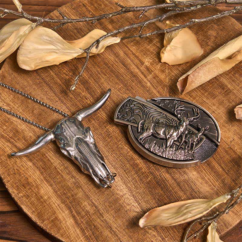 Set di Fibbia per Cintura con Coltello Nascosto Fai da Te a Forma di Cervo, Ciondolo a Forma di Corno Lungo, Anello da Toro - image 1