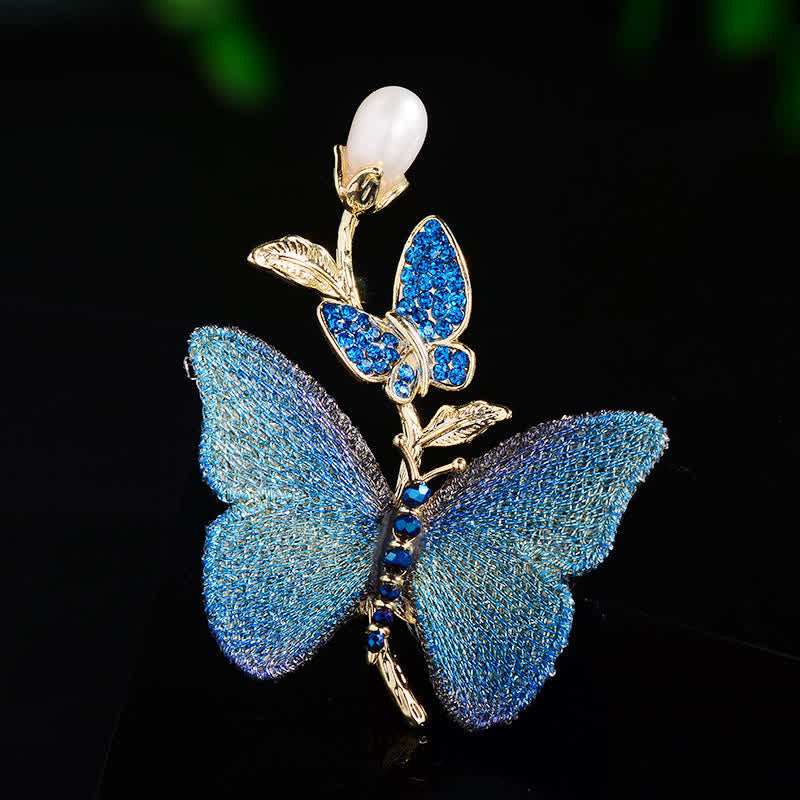 Spilla da donna con perle d'acqua dolce e farfalla ricamata - Blu - image 0