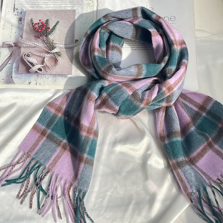 Sciarpa unisex vintage in cashmere a quadri abbinati - Viola e verde acqua - image 12