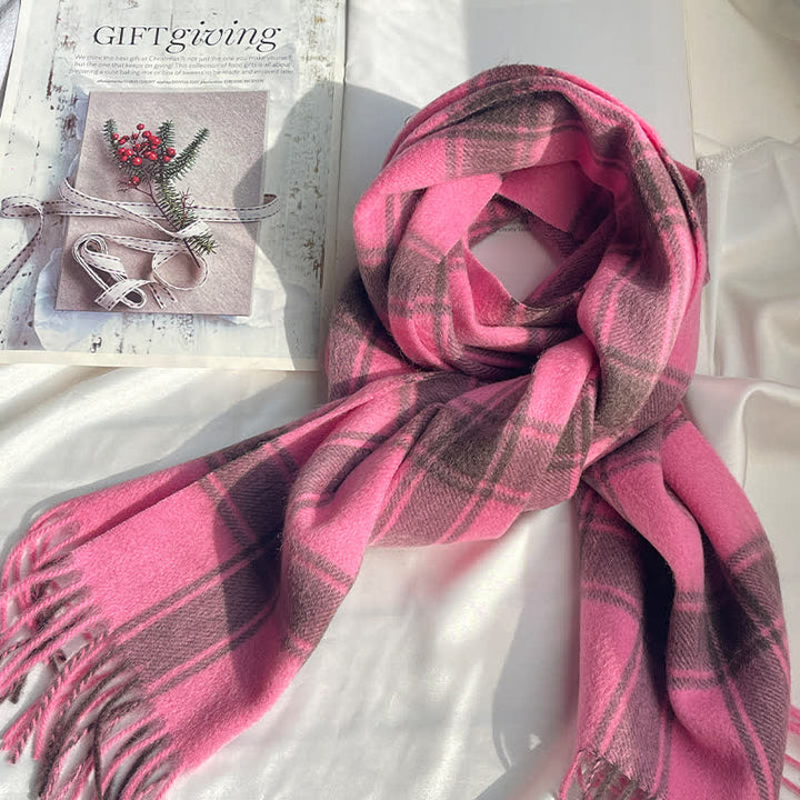 Sciarpa unisex vintage in cashmere a quadri abbinati - Rosa caldo - image 1