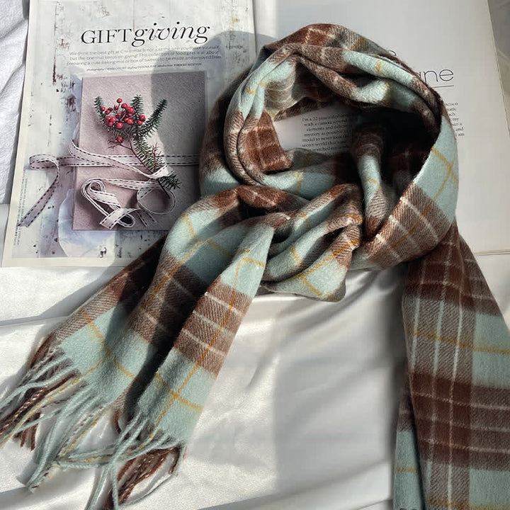 Sciarpa unisex vintage in cashmere a quadri abbinati - Acquamarina media e marrone - image 5
