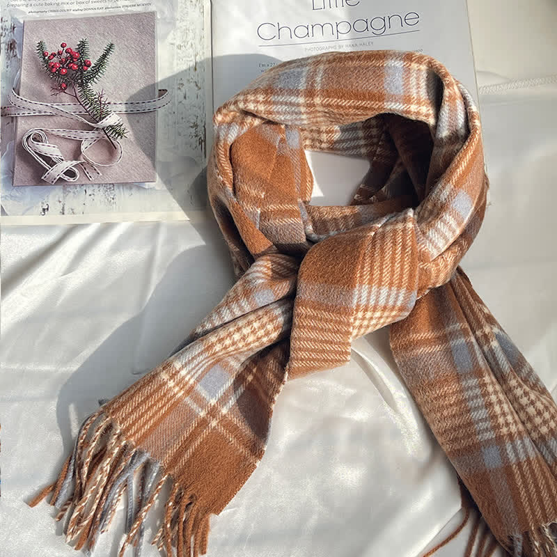 Sciarpa unisex vintage in cashmere a quadri abbinati - Caffè - image 11
