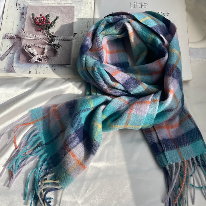 Sciarpa unisex vintage in cashmere a quadri abbinati - Turchese e viola - image 4