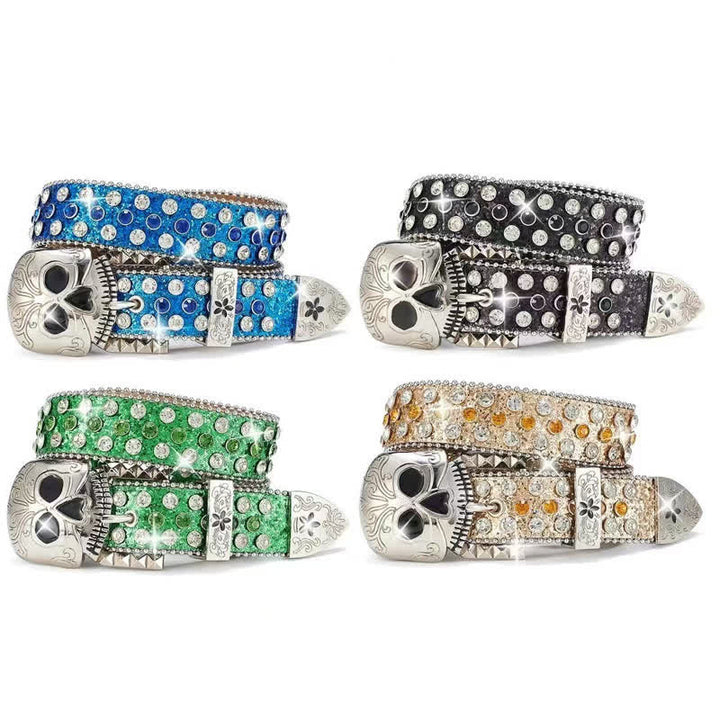 Cintura in pelle con fibbia a teschio e strass borchiati da streetwear - image 1