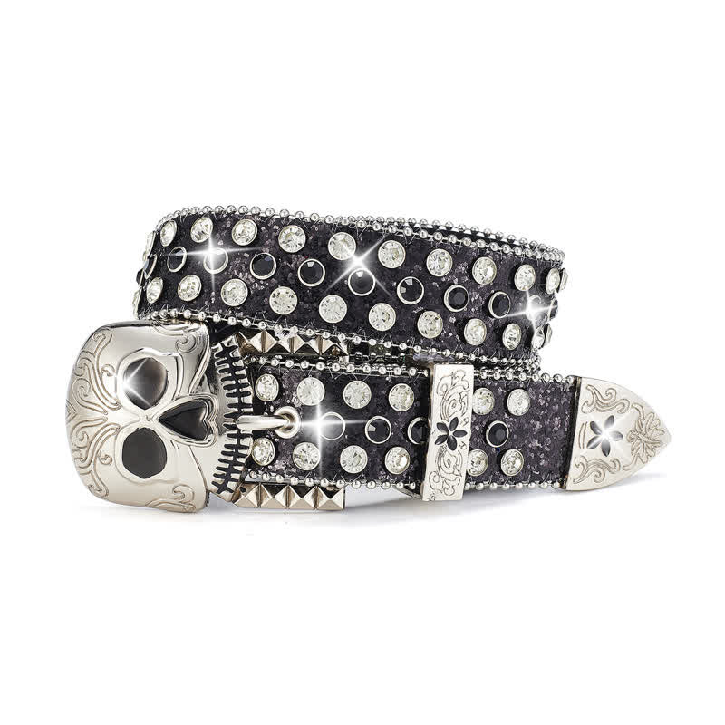 Cintura in pelle con fibbia a teschio e strass borchiati da streetwear - Nero - 42 - image 0