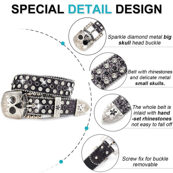Cintura in pelle con fibbia a teschio e strass borchiati da streetwear - image 2