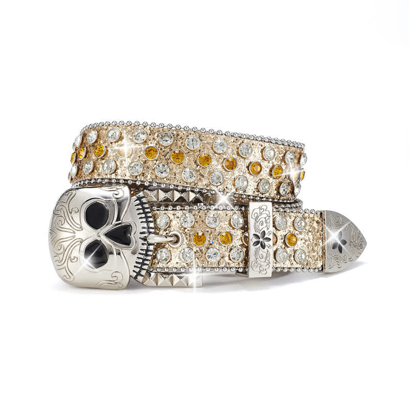 Cintura in pelle con fibbia a teschio e strass borchiati da streetwear - Giallo - 42 - image 4
