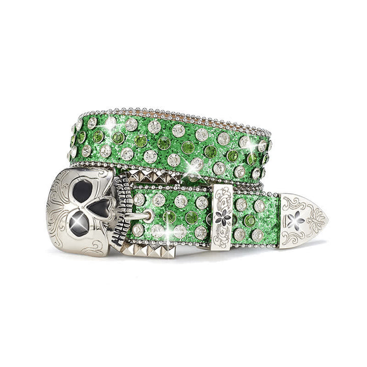 Cintura in pelle con fibbia a teschio e strass borchiati da streetwear - Verde - 42 - image 5