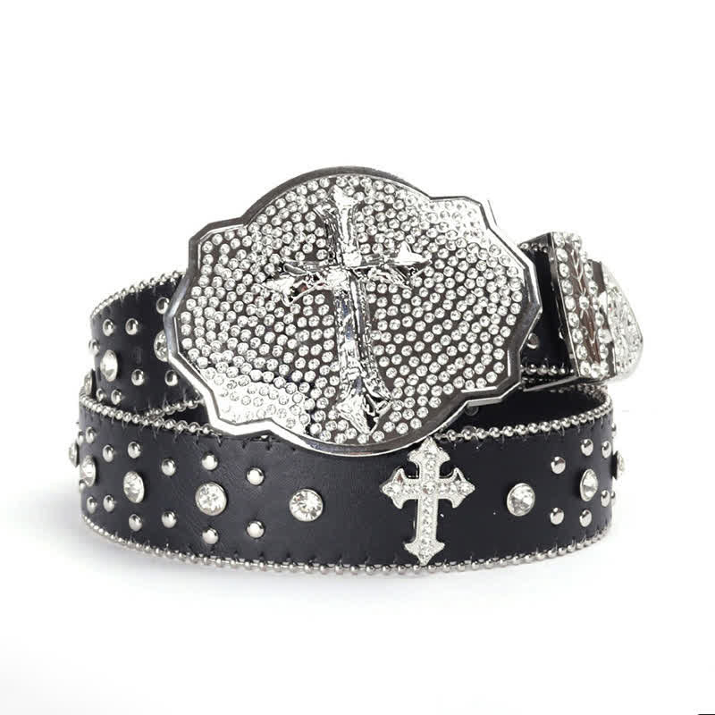 Cintura in pelle con fibbia a croce scintillante e borchie di strass - Nero e argento - 40 - image 0