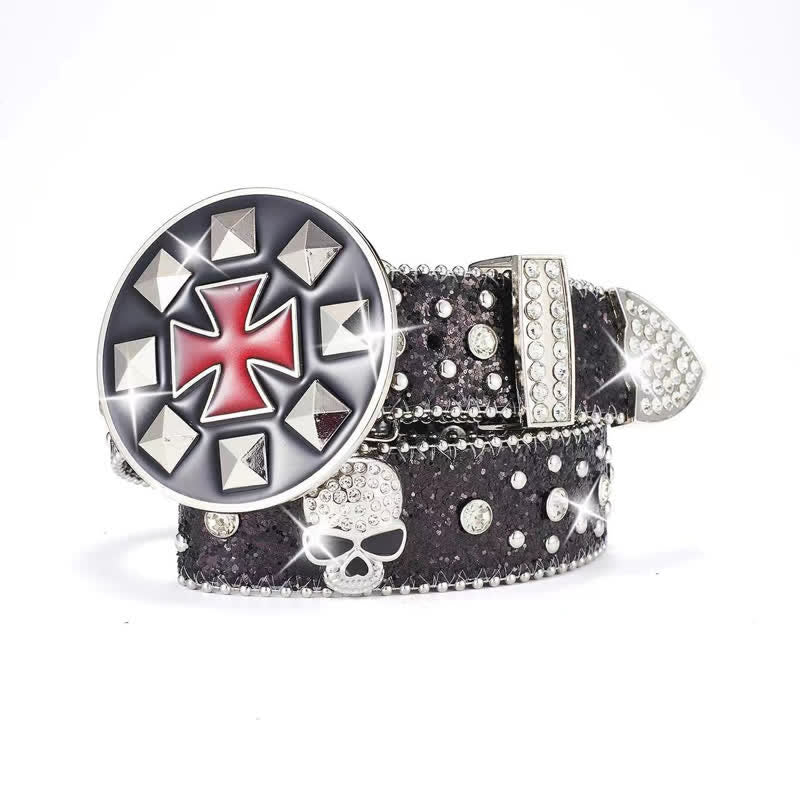 Cintura in pelle con teschio tempestato di strass e fibbia a croce vintage - Nero - 42 - image 0