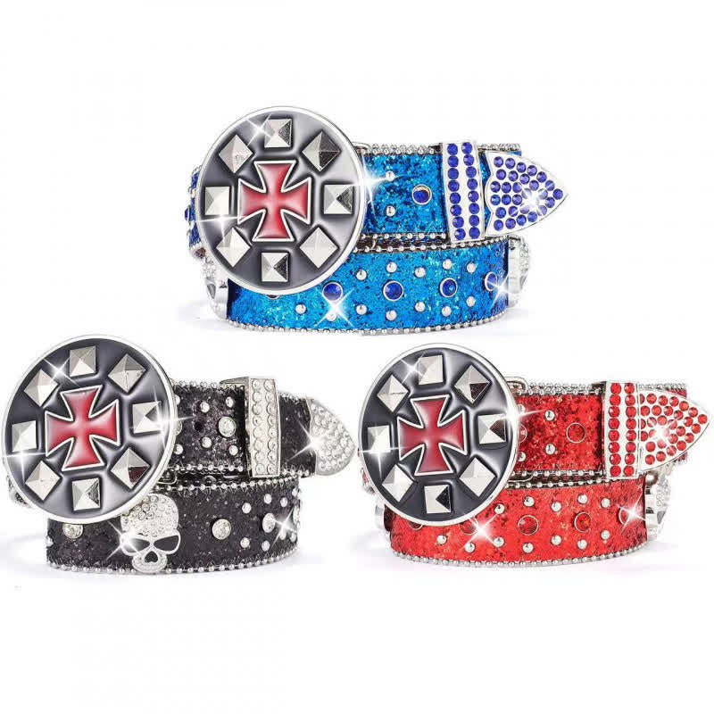Cintura in pelle con teschio tempestato di strass e fibbia a croce vintage - image 1