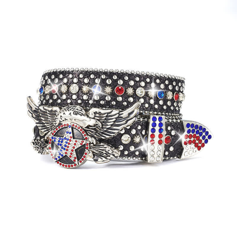 Cintura in pelle con borchie e paillettes a stella rossa e blu con fibbia aquila - Nero - 42 - image 0