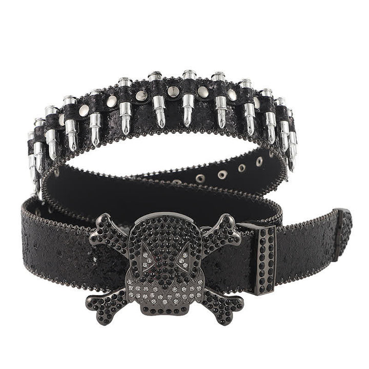 Cintura in pelle con fibbia a forma di proiettile e rivetti a forma di teschio dei cartoni animati - Nero - 42 - image 0